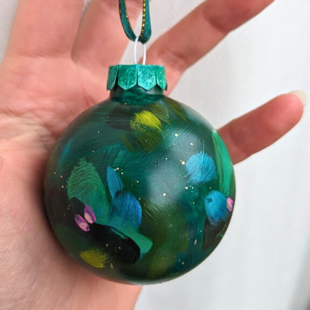 "Glistening Frost on Evergreen" Hand-Painted Glass Ornament, Limited edition